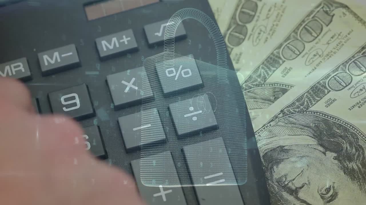 animación del procesamiento de datos sobre calculadora y billetes