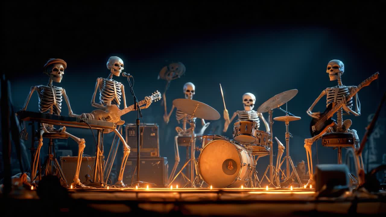 A Spooky Spectacle: A Band of Skeleton Musicians Rocking Out on Stage in a Dark Atmosphere with Glowing Lights and Eerie Vibes, Perfect for Halloween Enthusiasts