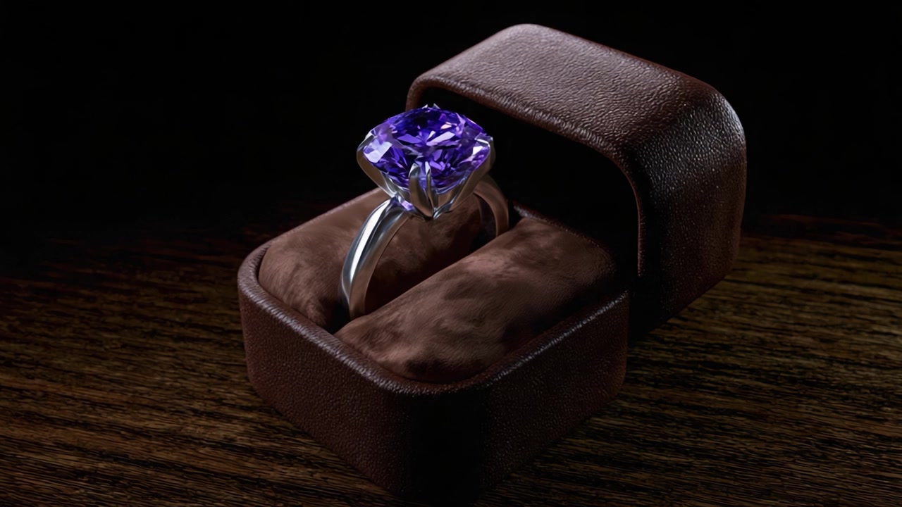 Anello elegante con ametista presentato in una lussuosa scatola di velluto marrone, con una splendida pietra viola incastonata in argento lucido, perfetto per regali o occasioni speciali.