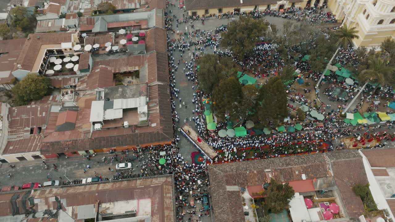 Bird's Eye View Over The Processions Of Lent And Holy Week In Antigua Guatemala - drone shot