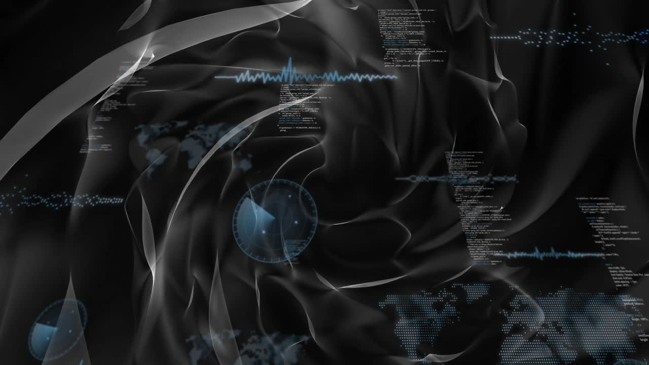 Floating translucent ribbons swirling in dark interface, displaying blue HUD maps and graphs