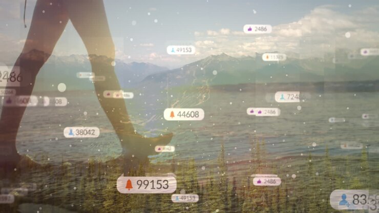 Animation of social media icons with numbers over caucasian woman walking at beach
