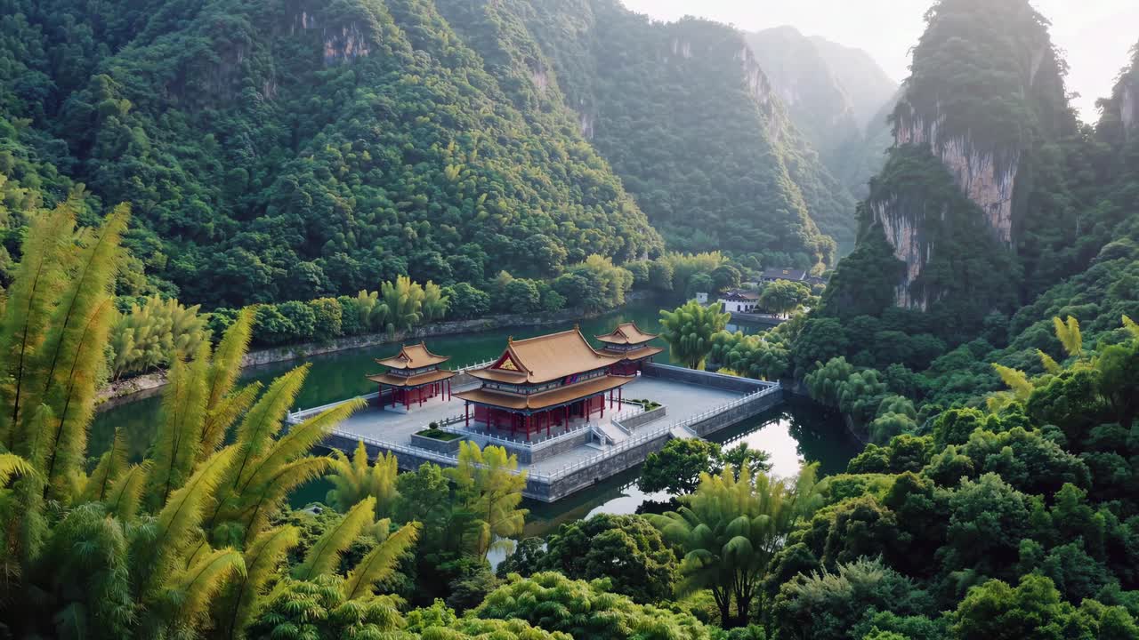 Wide-angle video shot of a serene temple interior with a golden Buddha statue
