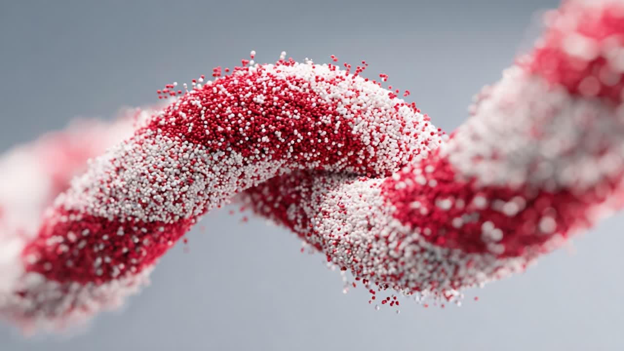 A Close-Up Exploration of a Twisted Striped Texture: The Visual Beauty of a Red and White Thread Infused with Tiny Particles