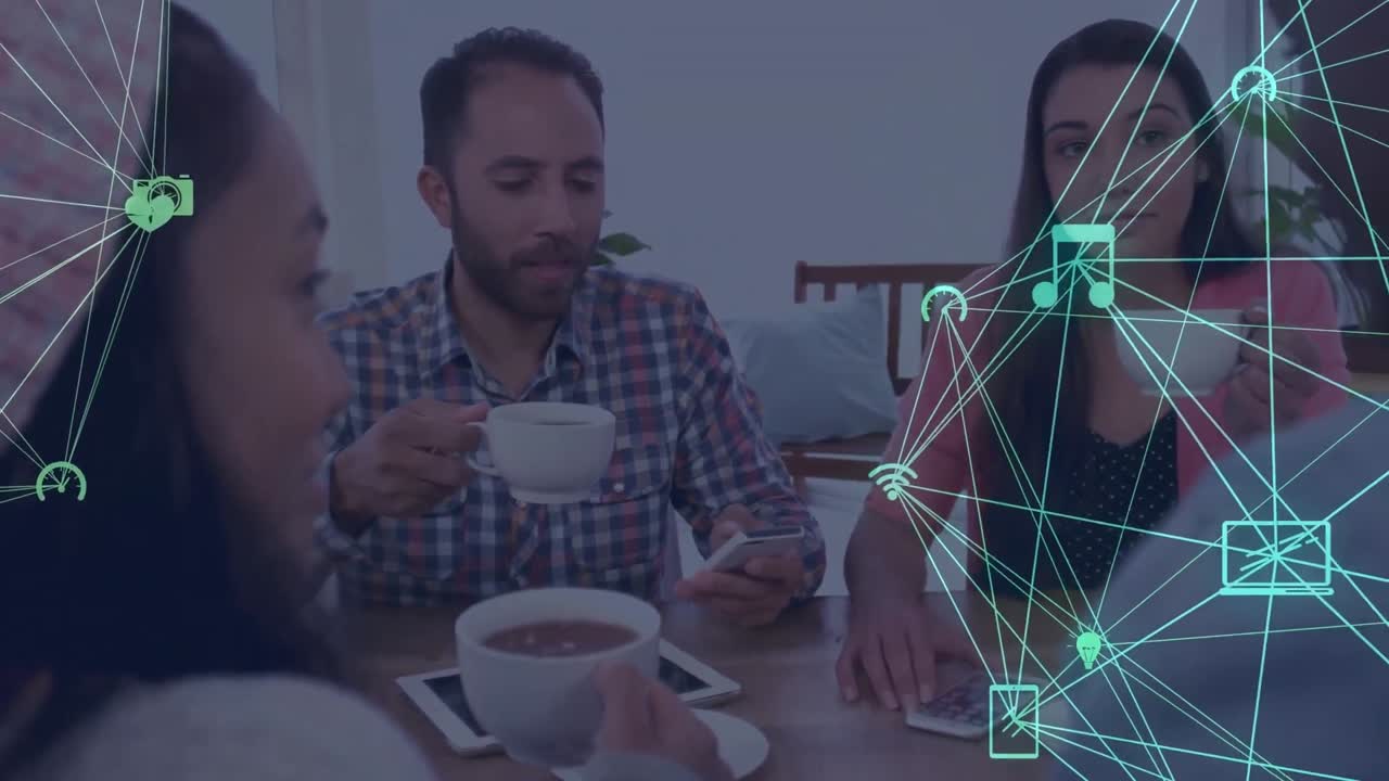 커피를 마시는 다양한 친구들을 통해 연결 네트워크의 애니메이션