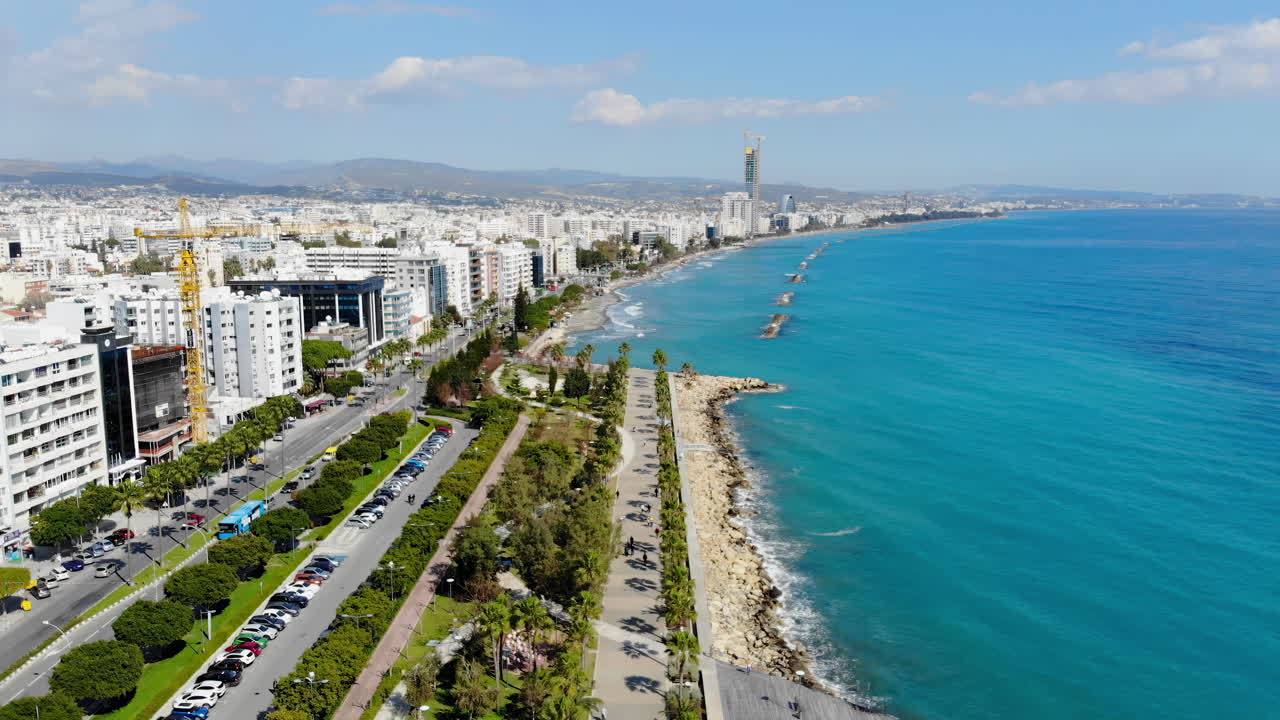 Aerial drone view of the Limassol Promenade on the coast of Cyprus