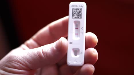 covid 19 positive antigen test with two red lines control and test in white caucasian male man hands and fingers as camera pans around slowly as he fidgets with it slightly