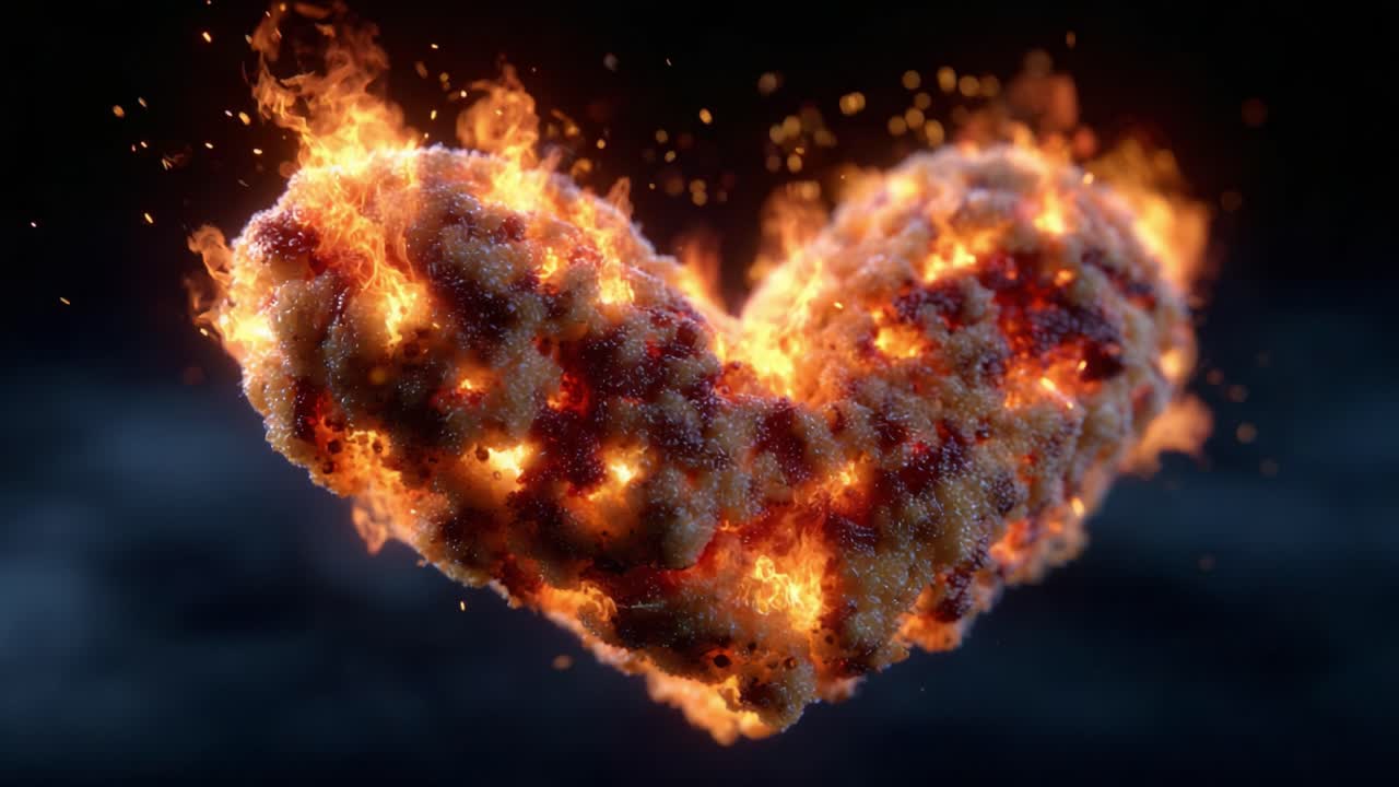 A Magnificent Display of Fiery Passion: This Flaming Heart Conveys Love and Intensity Through Its Radiant Glow and Erupting Sparks, Captivating Every Viewer