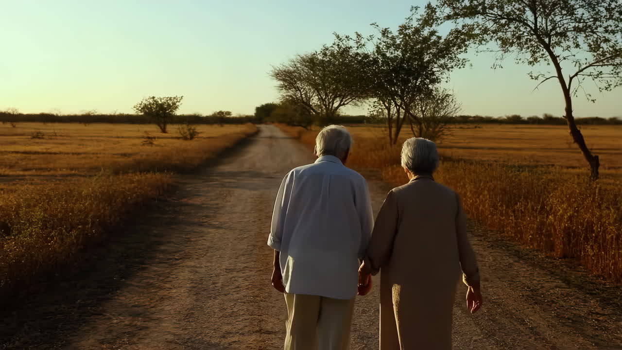 Elderly Couple Holding Hands While Walking on a Dirt Road at Sunset