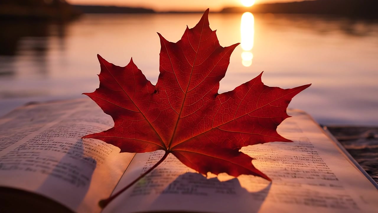 Livre ouvert et feuille d'érable rouge sur un quai au coucher du soleil