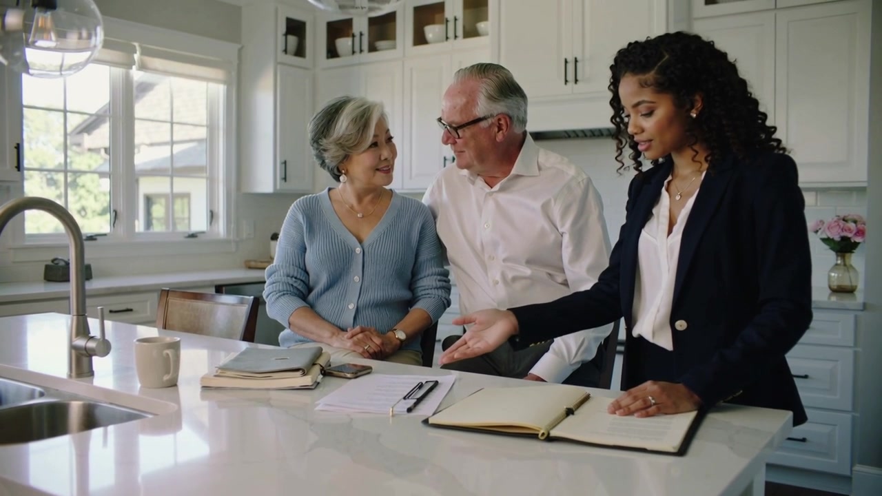 Explaining advisor in blazer opening notebook and pointing at papers at island, guiding couple