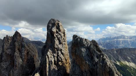 aerial views with drone of the seceda mountain range unesco world heritage in the dolomites, italy