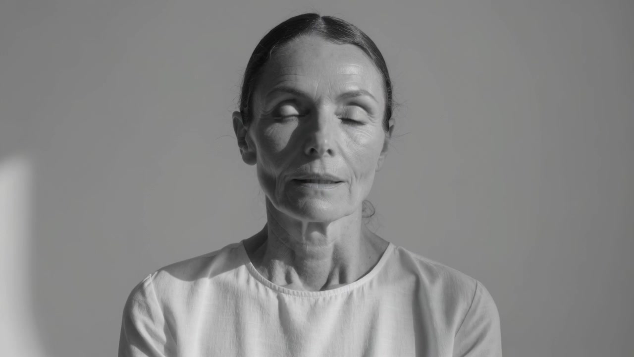 Câmera filmando mulher idosa com blusa clara, fazendo movimentos suaves, fechando os olhos no estúdio, com uma mancha no lado esquerdo.