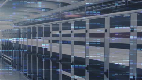 Animation-of-mosaic-squares-and-light-trails-against-computer-server-room