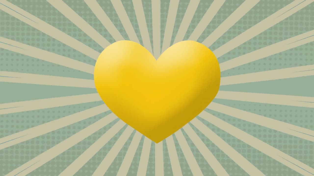 녹색 배경에 움직이는 방사선에 대한 노란색 심장 아이콘의 디지털 애니메이션