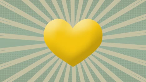 Digitale-Animation-Des-Gelben-Herzsymbols-Vor-Bewegten-Radialstrahlen-Auf-Grünem-Hintergrund