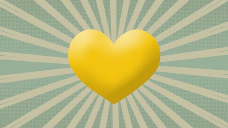 digital animation of yellow heart icon against moving radial rays on green background