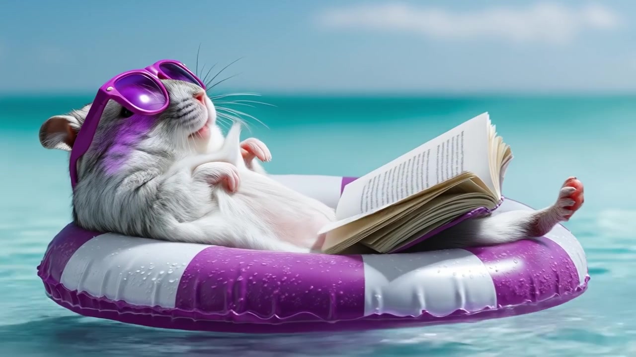 Divertente criceto che indossa occhiali da sole e galleggia su un salvagente gonfiabile in mare mentre legge un libro.