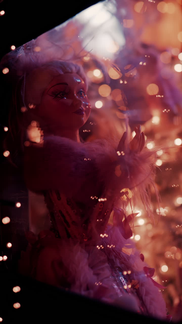 Big doll decoration in the courtyard of the Monte Carlo Casino in the evening. Vertical