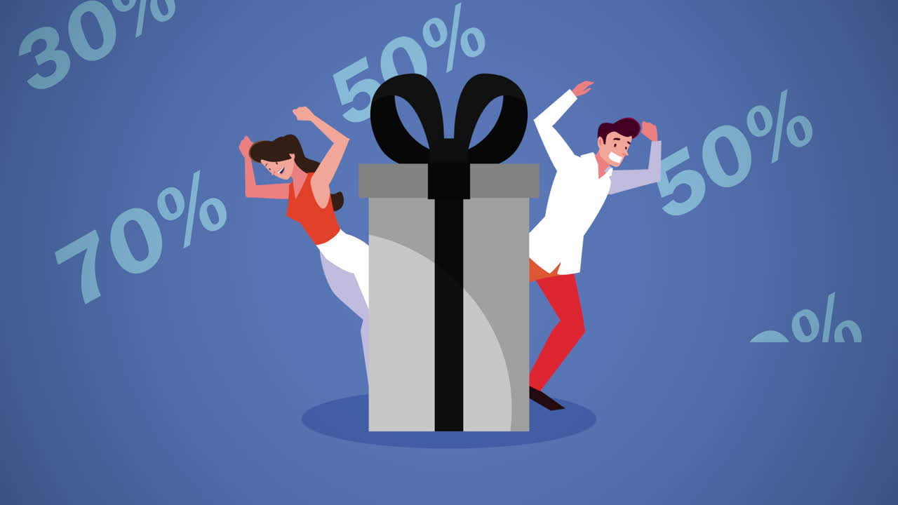 una pareja feliz celebrando un regalo con descuentos