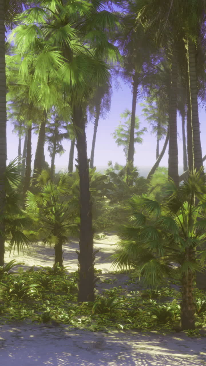 Lush tropical paradise filled with palm trees and vibrant greenery by the ocean