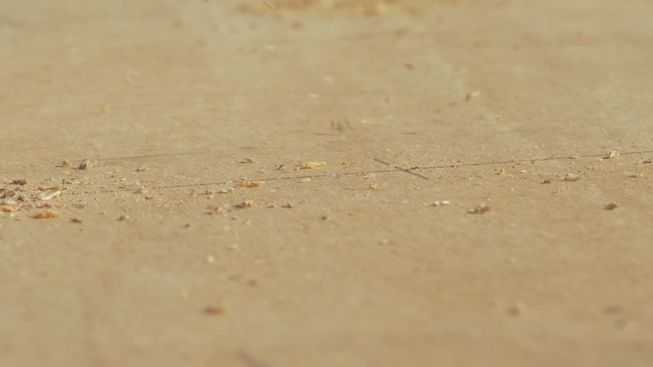 Brushing sawdust off plywood sheet