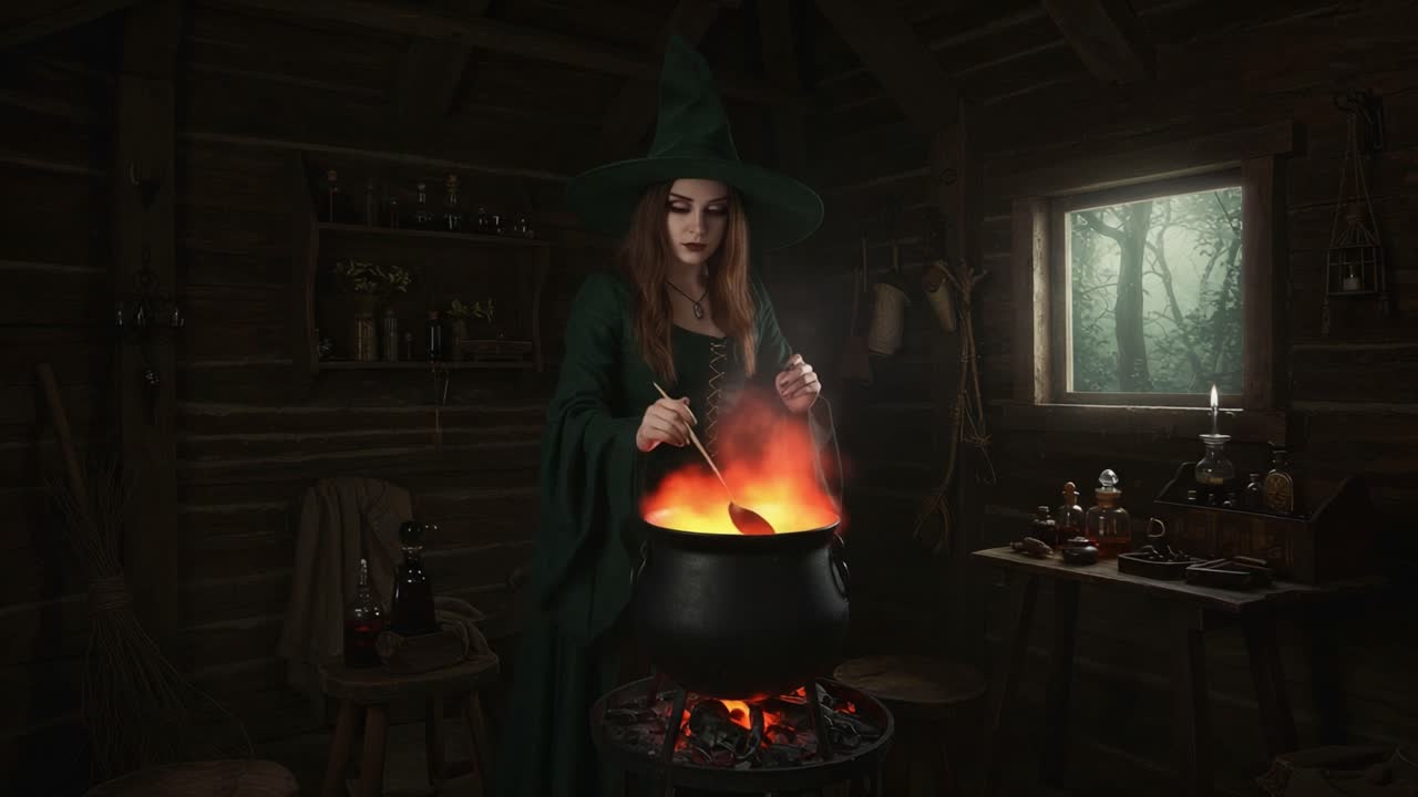 Enchanting Witch Brewing Potent Potion in Mystical Forest Cabin, Captured in Two Dramatic Frames Showcasing a Dark and Atmospheric Spell-Casting Scene