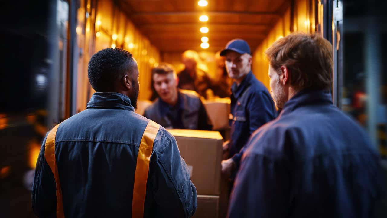 A Team of Delivery Workers Collaborating in a Warehouse Environment, Responsibly Handling Packages in a Well-Lit Truck, Showcasing Their Commitment to Efficient Logistics and Teamwork