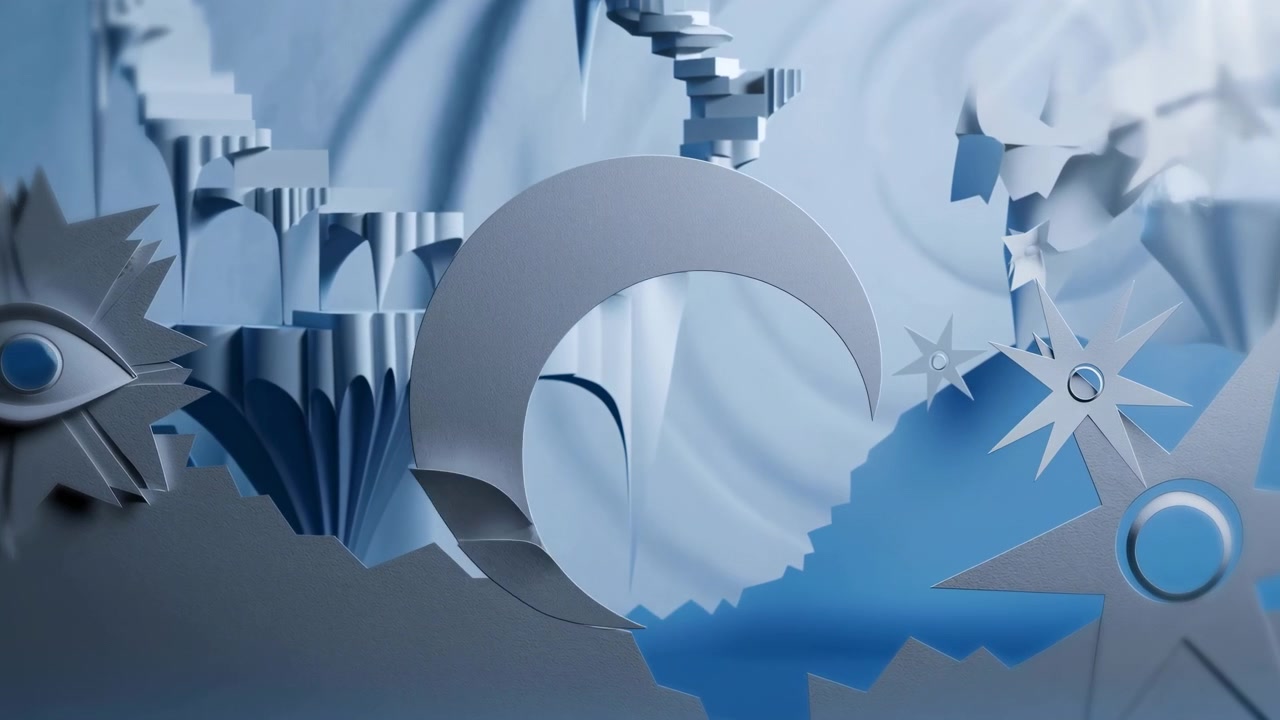 Blue Paper Set With Crescent Moon, Paper Star, Stylized Eye And Layered Stairs Serene Ambient Lighting, Soft