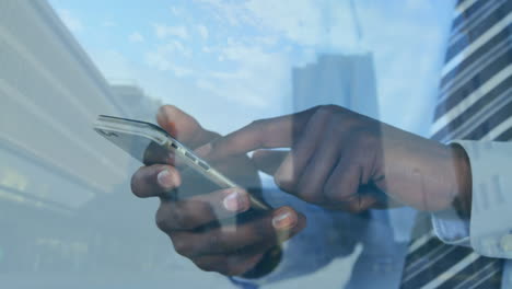 animation d'un homme utilisant un smartphone sur le paysage urbain