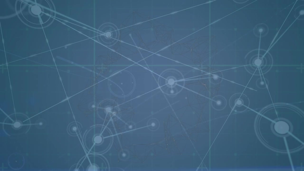 Animation of network of connections with icons and shapes over blue background