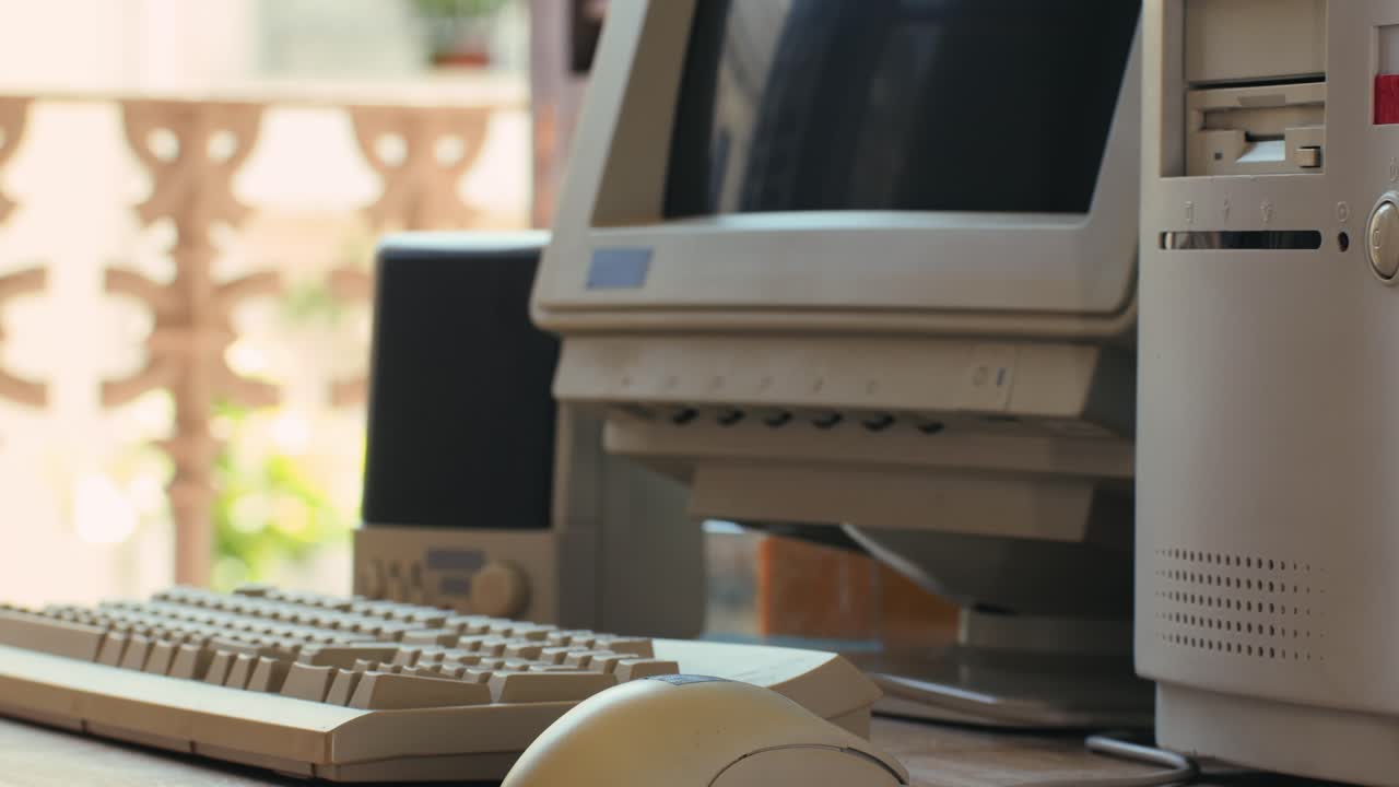 Man working and gaming on retro computer PC, IT engineer with vintage computer at home, using old fashion technology, close up of retro setup.