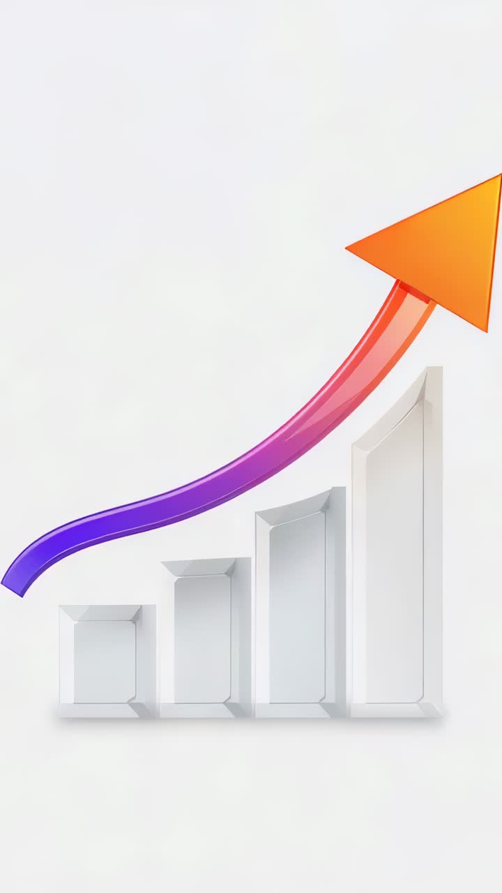Video vertical: Mostrando fotogramas, una flecha degradada que barre sobre cuatro barras 3D en un gráfico que ilustra el crecimiento.