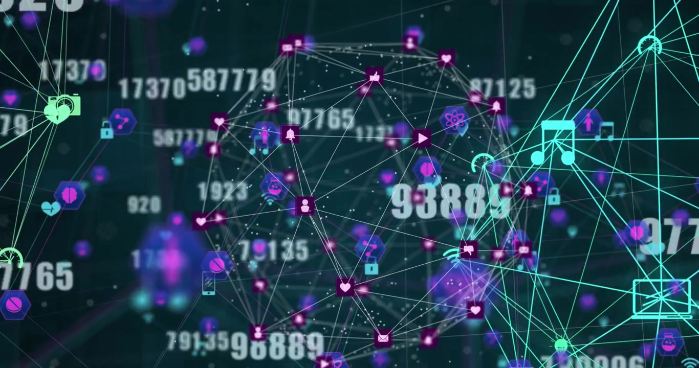 Animation of network of connections with icons and numbers on black background