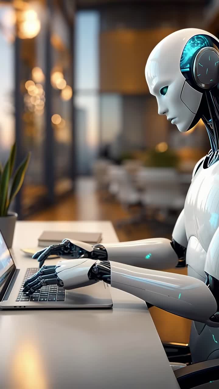 Robot futuristico che digita su un laptop in un ufficio, angolazione laterale