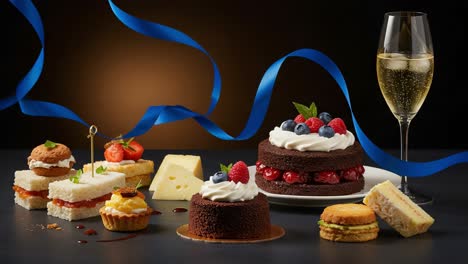 a delectable arrangement of elegantly decorated desserts and celebratory champagne, showcasing an exquisite variety of cakes, tarts, and sweet delights under soft lighting