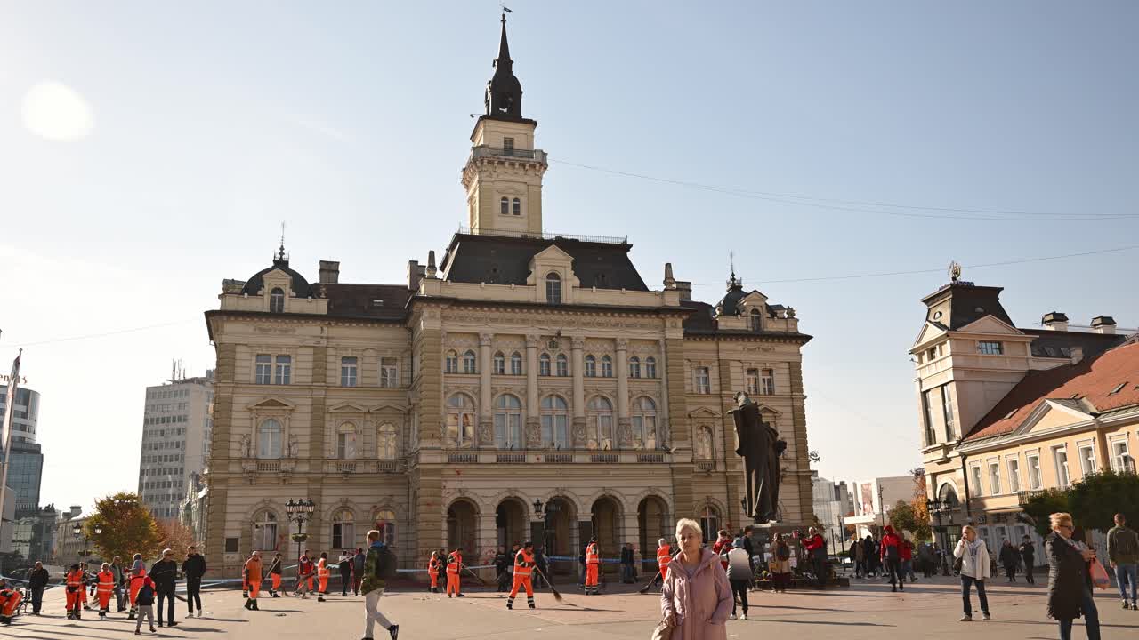 Novi Sad Town hall building after protest over fatal rail station awning collapse.