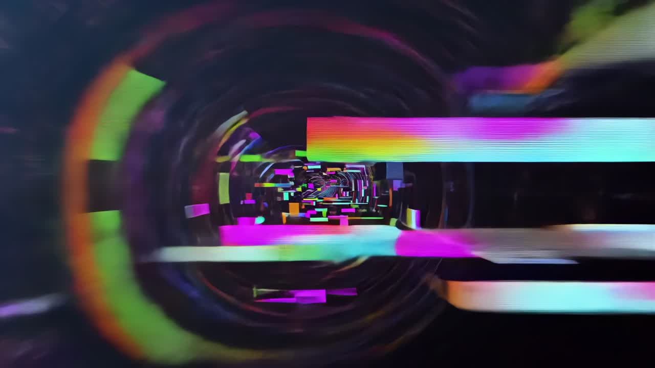 Opening view showing portal ring emitting neon bars, pulling panels inward forming digital tunnel