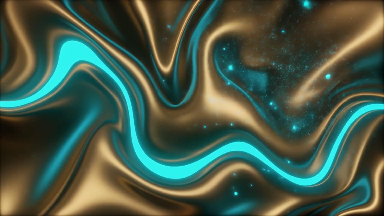 Seamless Loop of Abstract Gold and Teal Liquid Flowing with Glowing Lines