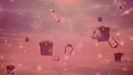 stars, christmas baubles and gift icons falling against spots of light on pink background