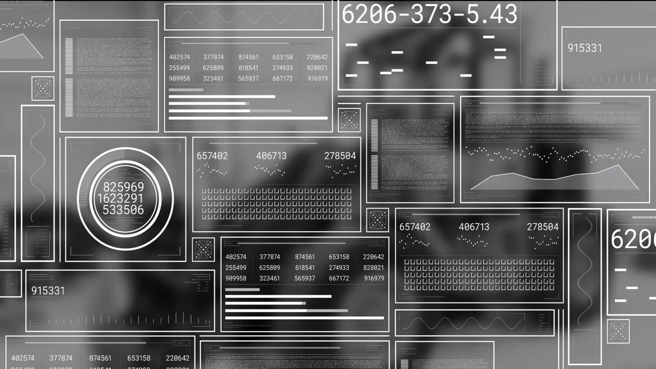 HUD panels being visualized in grid layout, showcasing flat design charts and numeric readouts