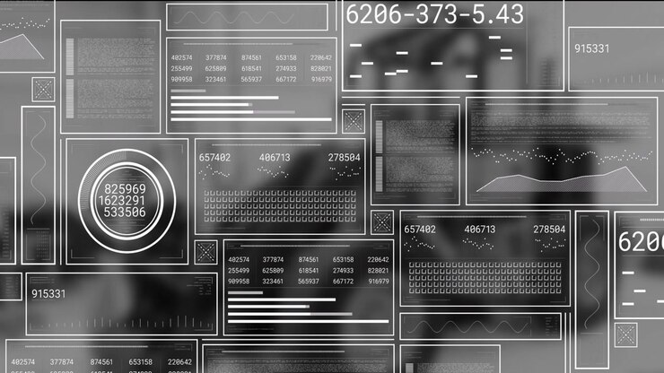 Panel HUD divisualisasikan dalam tata letak grid, menampilkan grafik desain datar dan pembacaan numerik.