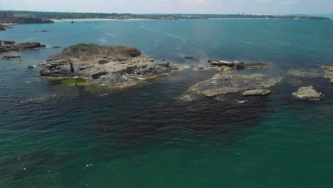 Aerial-panning-shot-of-big-cliffs-in-the-sea-with-vegetation-and-birds