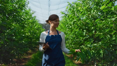 Woman-farmer-with-tablet-monitoring-cultivation-of-green-organic-trees-in-farm