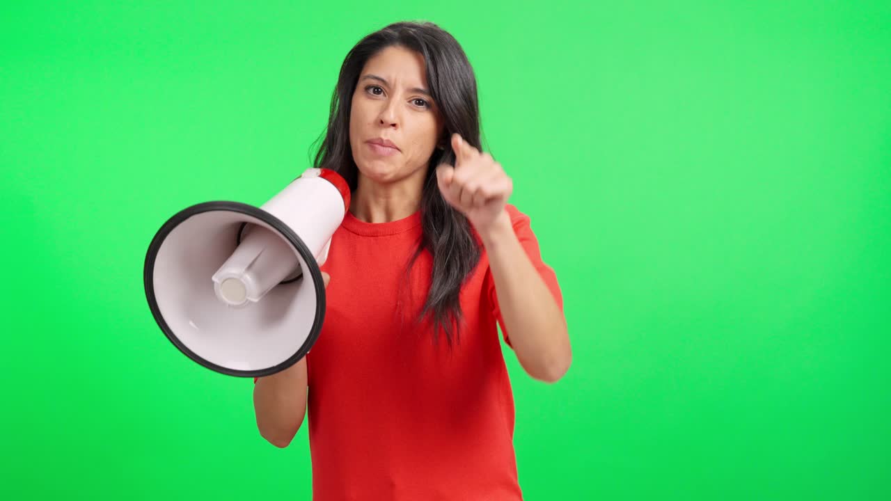 Woman Speaking and Gesturing with a Megaphone on Green Screen