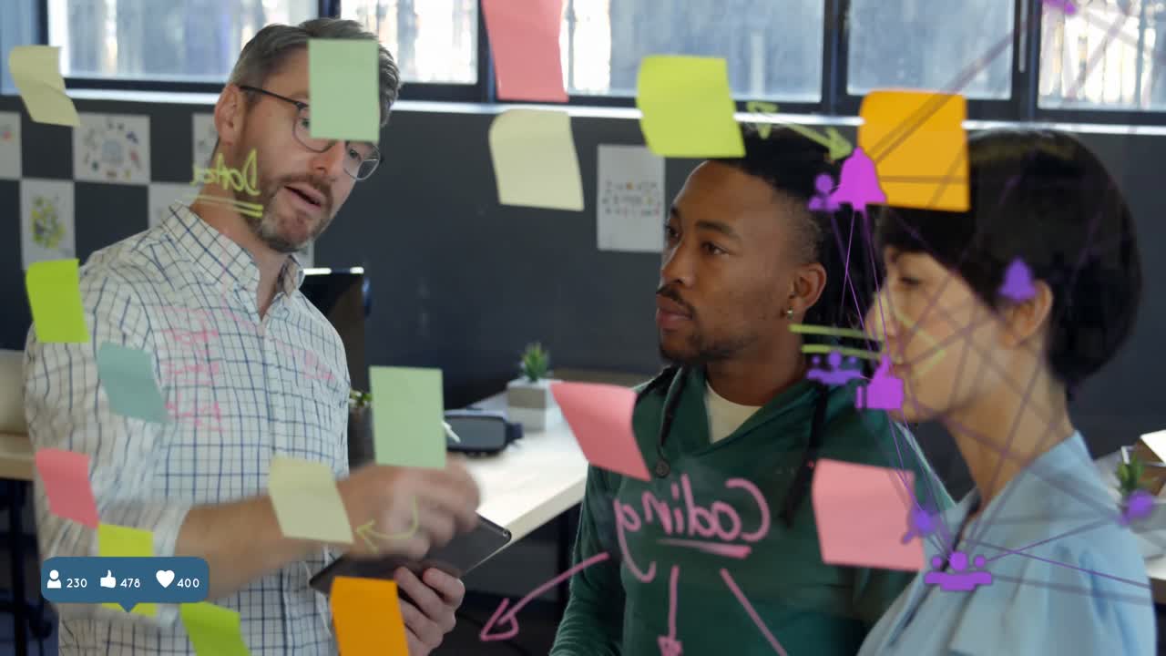 Globe of digital icons against office colleagues discussing over memo notes at office