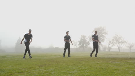 walking on cricket field, three players in uniform during practice session