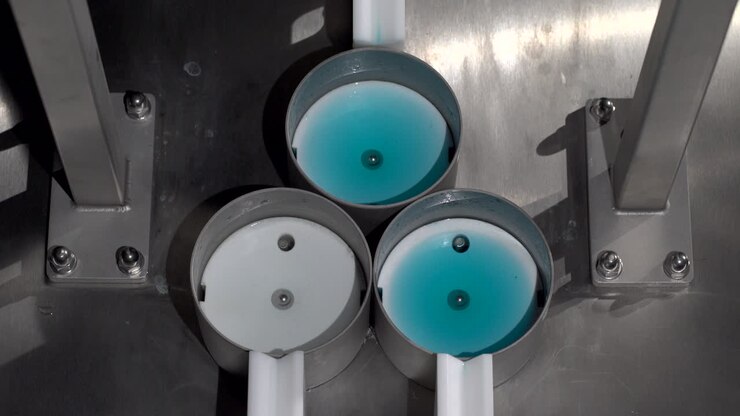 Over the head view of three bowls filled with different liquids