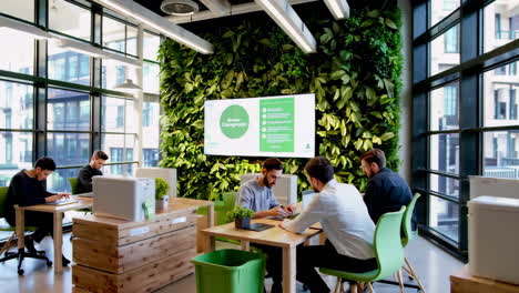 modern office with green wall and business meeting