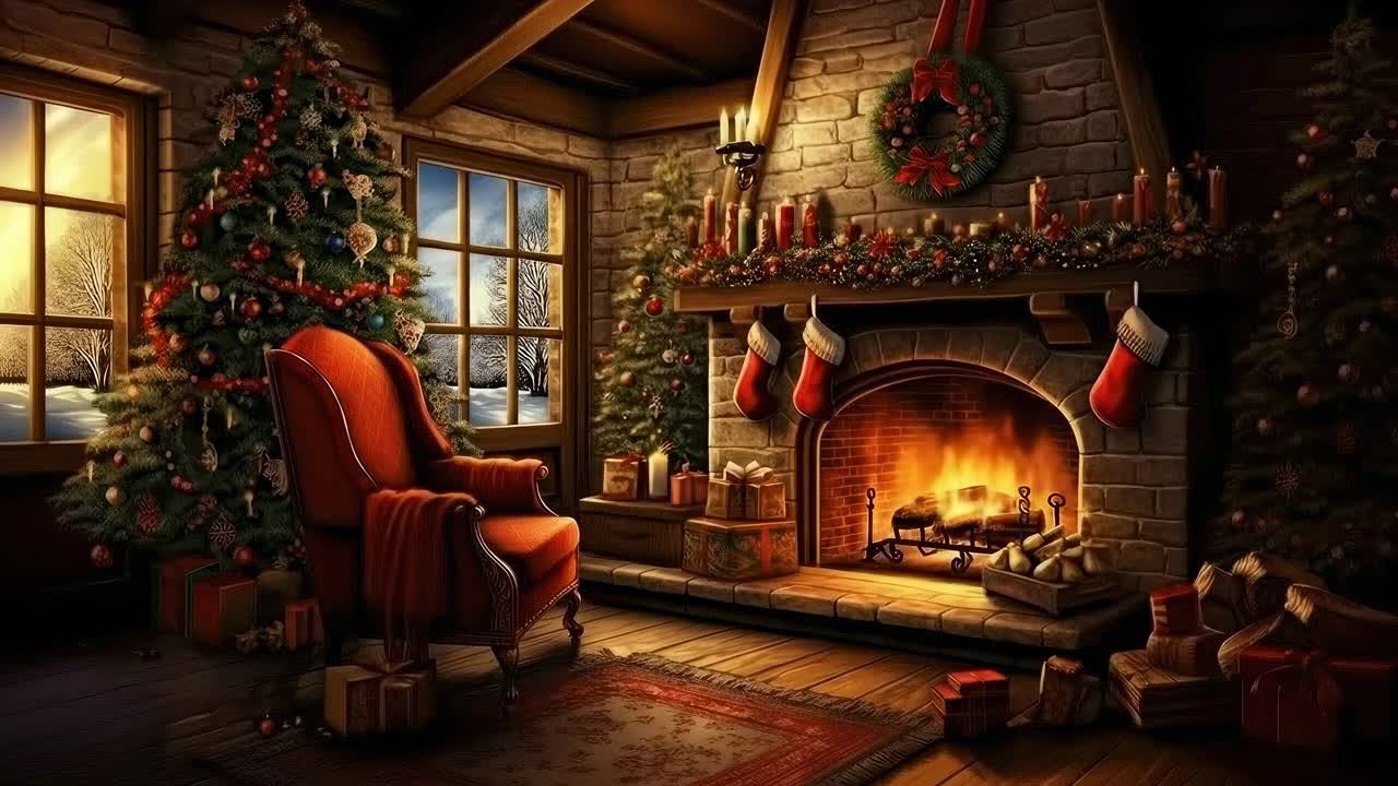 Cozy Christmas room with fireplace and tree, warm lighting, wide-angle video scene